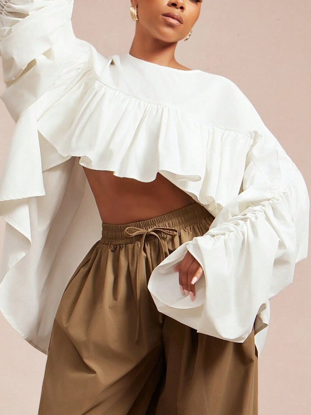 White Casual Women's Woven Ruched Hi Low Hem Ruffle Top
